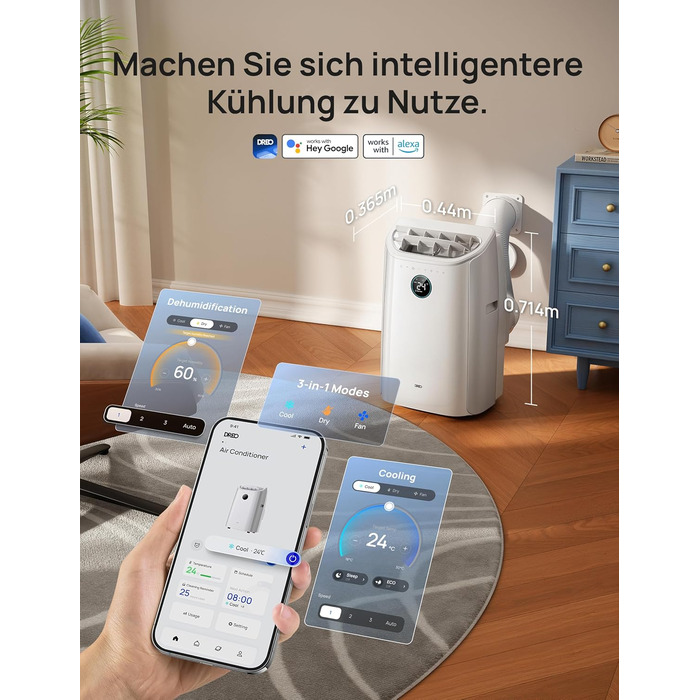 Портативний кондиціонер DREO 10000 BTU з охолодженням без дренажу, керуванням через додаток/голос/пульт, таймером 24 год та функцією вентилятора та осушувача повітря, AC515S