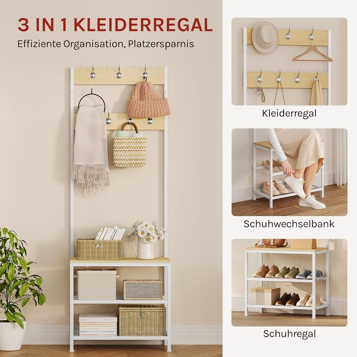 WOLTU Coat Rack Clothes Rack Laundry Rack Shoe Shelf with Seat, with 7 Hooks, Wood and Steel, Hanging Shelf, Black Vintage (Light Oak + White)
