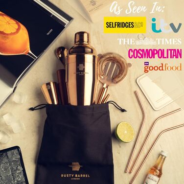 Набір для приготування коктейлів Chelsea Roségold – повний комплект для бармена: шейкер, мадлер, сито, мірний стакан, виливач, ложка, сумка та рецепти. З подарунковою коробкою