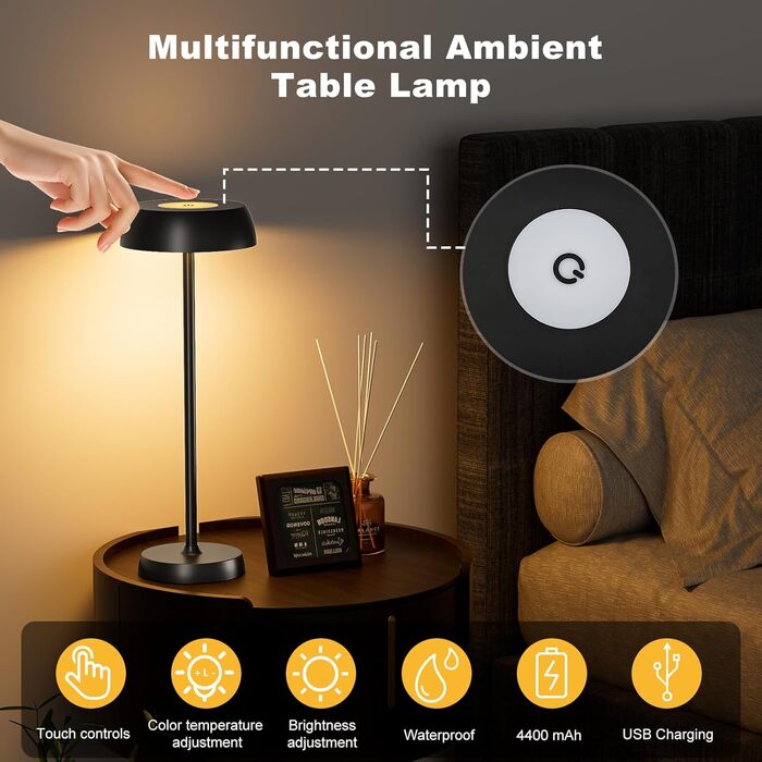 Світлодіодна настільна лампа бездротова з регулюванням яскравості, сенсорним керуванням, 4 режими освітлення, акумуляторна, для спальні, домашнього офісу, кемпінгу - 1 шт.