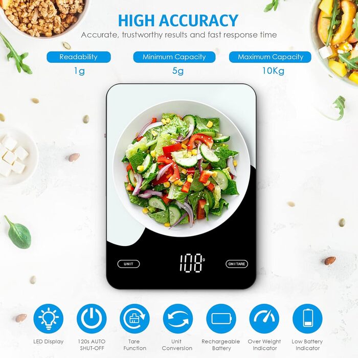 Brifit Kitchen Scale with App - 10kg/1g Digital Food Scale with Calorie Counter, LED Display, Tare Function, USB Rechargeable