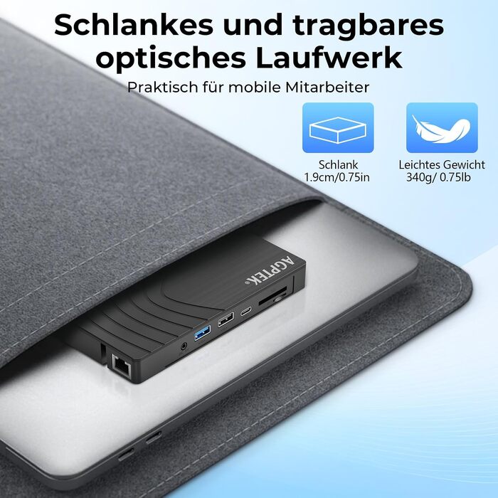 Зовнішній DVD-накопичувач AGPTEK USB 3.0 Slim CD/DVD-брунер з картридером TF/SD для ноутбука, MacBook, Windows, Linux, Mac OS