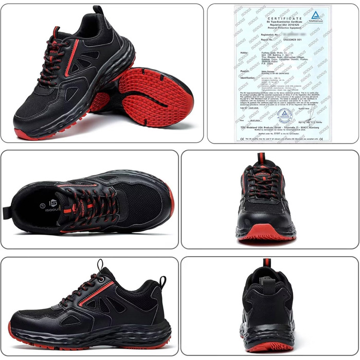 Черевики робочі ISOOUS для чоловіків та жінок. Безпекові черевики, легкі, з пластиковим носком, дихаючі, антиковзкі, модель снікерс, для кухні, спортивні, 48 EU, чорно-червоні