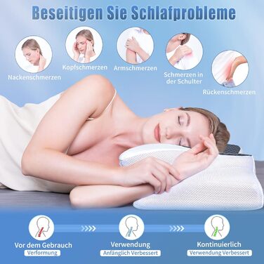 Ортопедична подушка для сну SAHEYER, ергономічна memory foam для бокового сну, підтримка шиї, 60x35,5x10/13 см, з чохлом