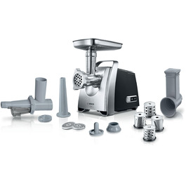 М'ясорубка Bosch MFW68660 сріблясто-чорна, 2200 Вт, насадки для ковбас, 4 тертки, 3 диски з нержавіючої сталі (3, 4.8, 8 мм)