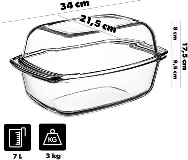 Форма для запікання KADAX 7л зі склокераміки - прямокутна, для лазаньї, овочевих запіканок, м'ясних страв, жароміцна, придатна для миття в посудомийній машині, прозора