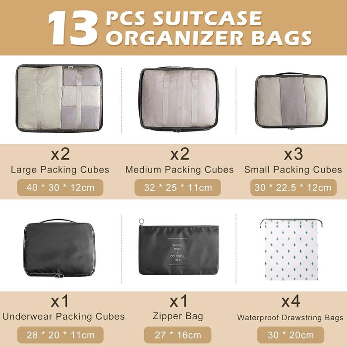 Органайзер для валізи Gemtte 13-ти частинний, водонепроникний, набір для подорожей (чорний)