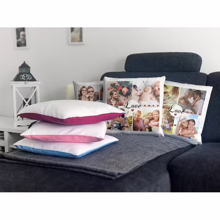 Print Royal Pillow with Filling - Create your own photo collage with a saying - Love - with four of your own photos - Photo pillow gift idea - Light blue back cushion