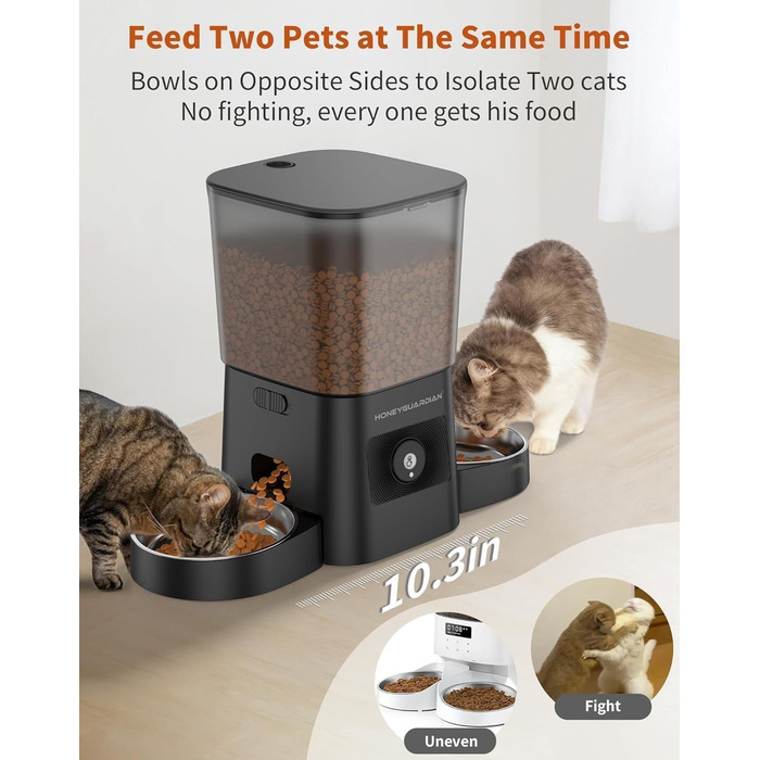 Автоматичний годівник для котів та собак HoneyGuardian з Wi-Fi, 2 миски, керування через додаток, 5G/2.4G, чорний, 3.5 л