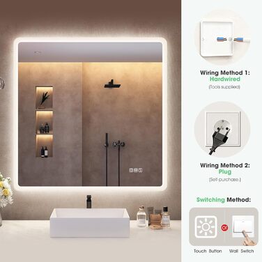 Дзеркало для ванної кімнати S'bagno з підсвічуванням 80x60 см, Bluetooth, протитуманне покриття, 3 кольори, регулювання яскравості, функція пам'яті, загартоване скло, водонепроникність IP44, горизонтальне/вертикальне встановлення