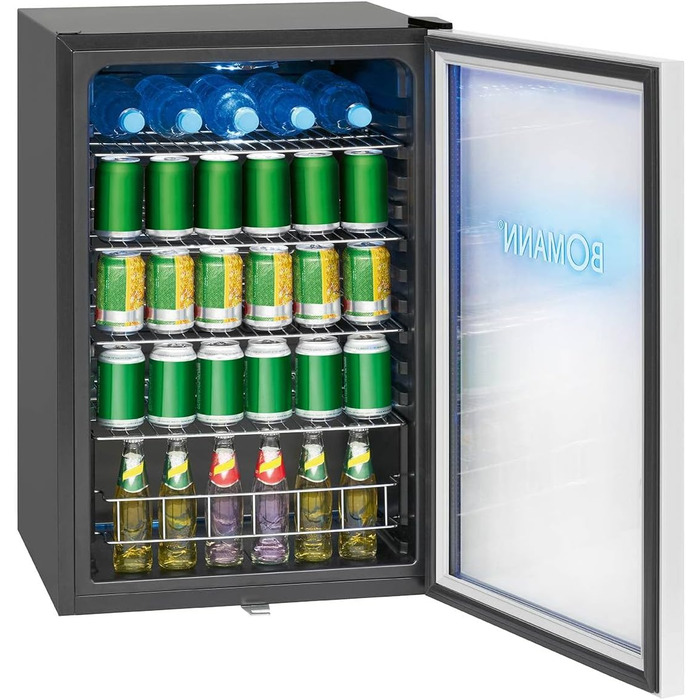 Холодильник для напоїв Bomann® KSG 7287 Inox | 63 літри | регулювання температури +3–10°C | з дверцятами зі скла, 4 полиці та LED-підсвічуванням | тихий, енергоефективний та компактний | для пляшок та банок