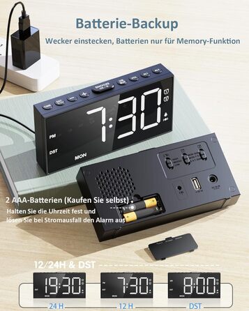Digital Alarm Clock, Loud Vibration Alarm with Bed Shaker, Loud Alarm for Deep Sleepers, Large Display, Adjustable Volume & Brightness, Dual Alarm, Snooze, USB Charger, Easy Operation
