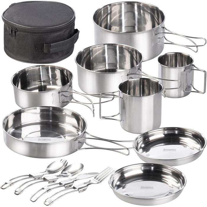 Набір для кемпінгу Semptec Urban Survival Technology: 12-ти частинний набір посуду з нержавіючої сталі з посудом, столовими приборами та сумкою (каструлі, набір посуду, газовий набір для кемпінгу)
