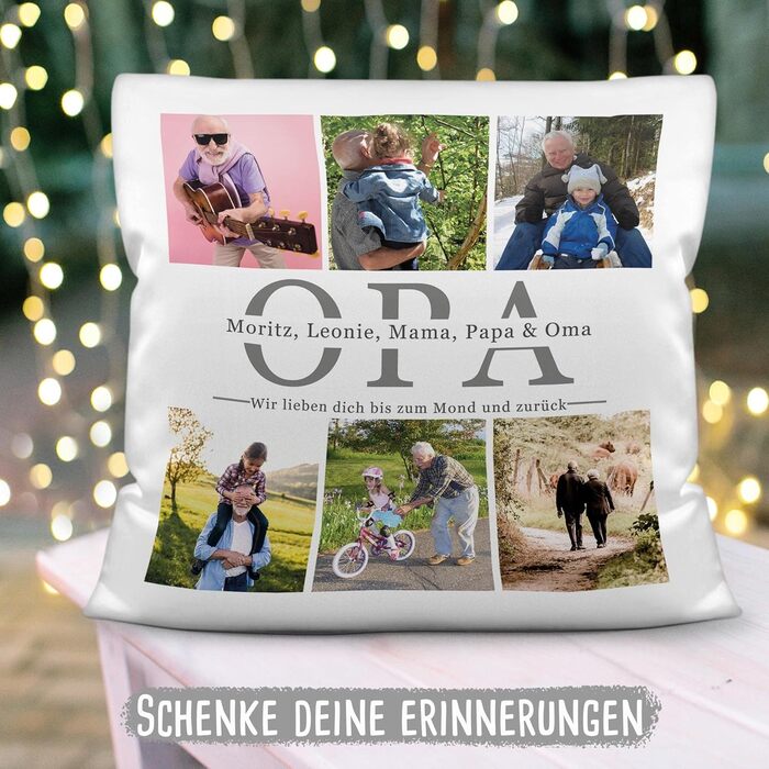 Подушка з фото на замовлення – Опа, ми тебе любимо – колаж з 6 фото та іменами, подарунок для найкращого дідуся від онуків, з наповнювачем, зелена задня сторона, 40x40 см