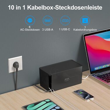 Блочок розеток BEVA з прихованими роз'ємами, 3680W/16A, захист від перенапруги 1050J, 2м кабель, 6 розеток + 3 USB-A + 1 USB-C (15W), з вимикачем, чорний