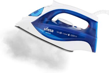 Праска Ufesa Activa Dampfbügeleisen PV1500C: керамічна підошва, 2200 Вт, максимальний паровий удар 100 г, постійна подача пари 25 г/хв, антикапання, білий/блакитний колір