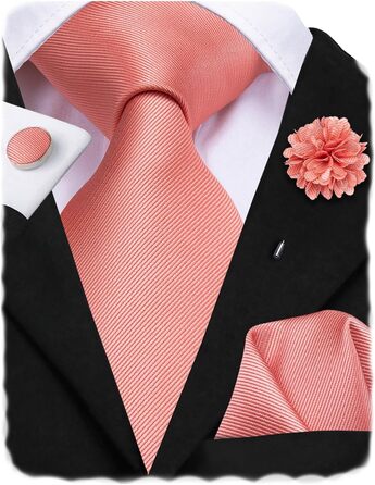 Комплект краваток для чоловіків Hi-Tie: краватка, нагрудна хустинка, кравецькі шпильки, запонки, формальний шовк, для весілля та свят (кораловий)