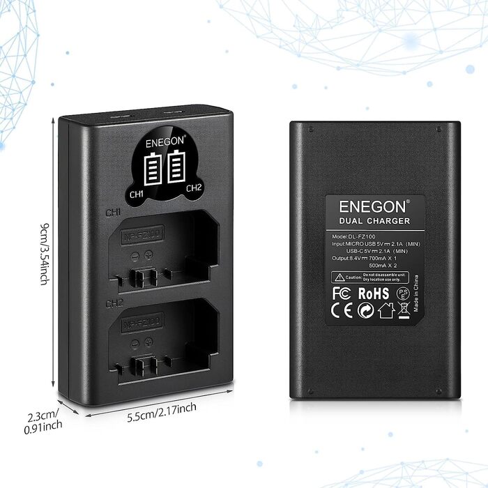 Зарядний пристрій ENEGON NP-FZ100 20W з подвійним акумулятором для Sony Alpha (A7, A9, FX3, A6000 серія) з LCD-дисплеєм