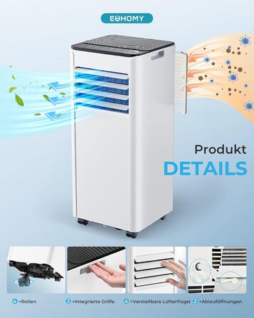 Мобільний кондиціонер 7000 BTU з витяжним шлангом | 4-в-1 | Тиха робота | Дисплей + пульт | Комплект для установки у вікно | Таймер 24г | Для приміщень до 20 м²