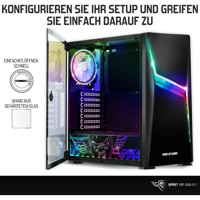 Корпус для ПК Spirit of Gamer Clone 4 RGB з прозорою стінкою з загартованого скла. Підтримує ATX/mATX/ITX. В комплекті 2 вентилятори 120 мм.