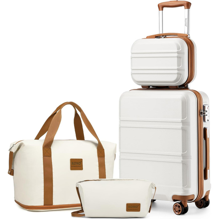 Набір валіз KONO 4 в 1: велика валіза, ручна валіза 55 см, косметичка, сумка для ручної поклажі (кремовий)