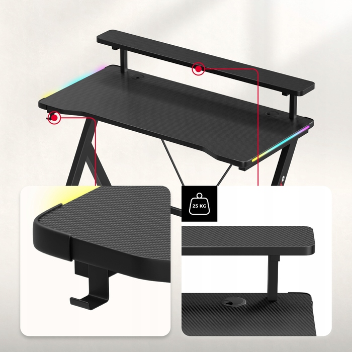 Ігрова стіл Huzaro чорний з RGB LED підсвіткою та надбудовою для геймера