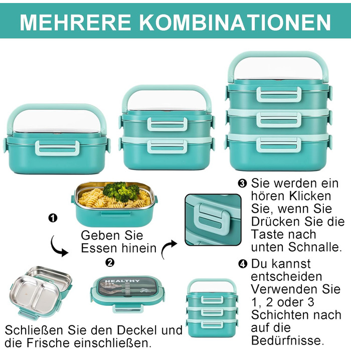 Ланчбокс Lille Home з 4 відділеннями, 1650 мл, з посудом, BPA-free, не протікає (зелений)