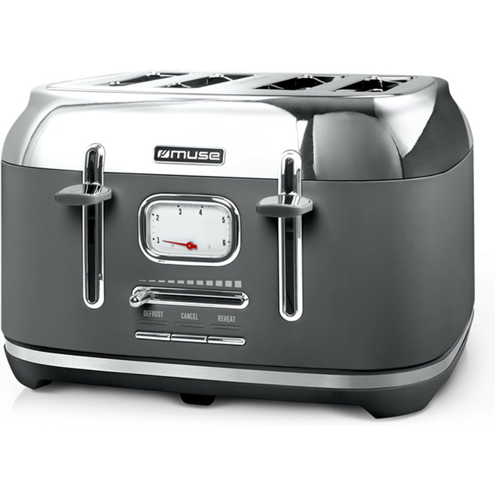 Тостер Muse MS-131 BC із нержавіючої сталі, ретро-дизайн, 4-х місний, 6 рівнів підсмажування, з підсвічуванням, з шухлядою для крихт (сірий)