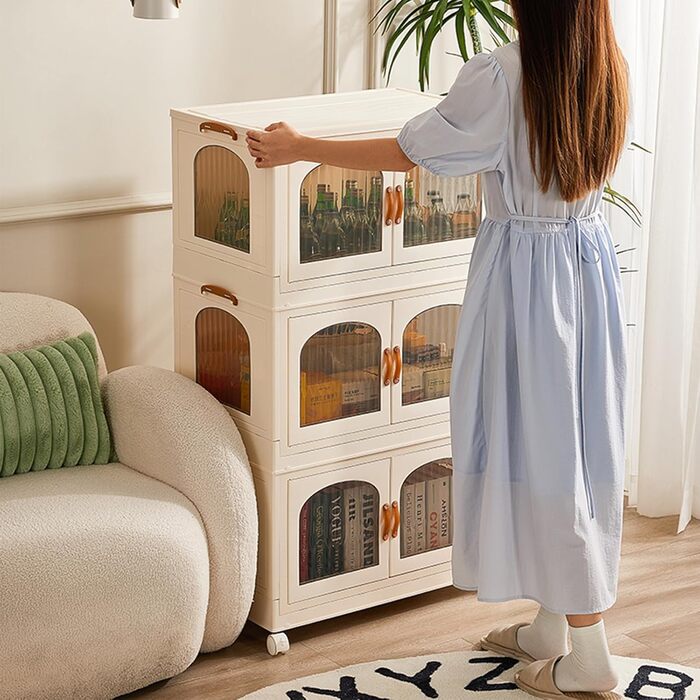 Foldable Kitchen Cabinet 98cm Storage Cabinet with 3 Doors and Wheels, Kitchen Cabinet for Living Room, Kitchen, Office, Large White
