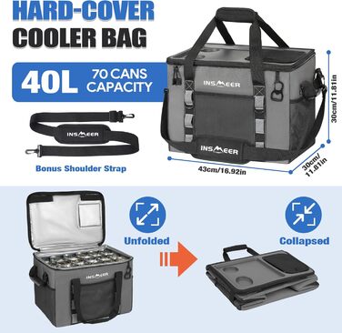 Сумка-холодильник INSMEER 40L, XXL, для 60 банок - ізотермічна сумка-холодильник з відкривачем, посилені бокові стінки, 2 тримачі для стаканів, для пікніка, кемпінгу, пляжу, подорожей