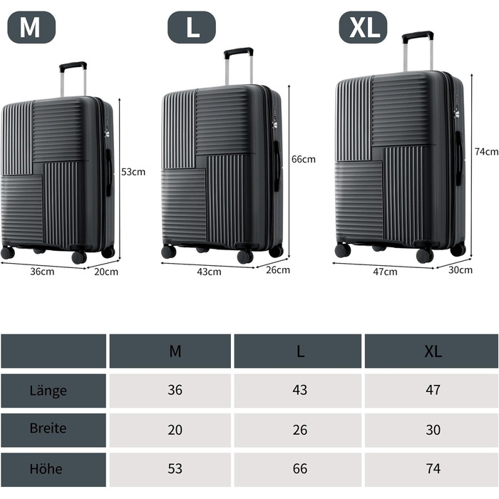 Набір валіз Merax TSA-Schloß 3 шт. (M-L-XL) з телескопічним ручками та 4 колесами, чорний. Валізи ручної поклажі, PP-матеріал, з TSA-замком.