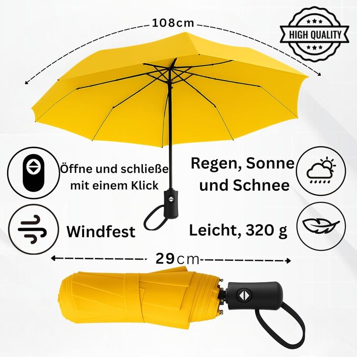 Стійкий до вітру парасолька Rainroyal Drytogo MEDIUM Ø100 см (Жовтий, SMALL Ø95 см) | Парасолька-тростина для подорожей та повсякденного використання | Автоматичний парасолька для жінок та чоловіків