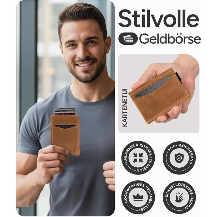 Криза картковий з RFID захистом та подарунковою коробкою – Мінімалістичний гаманець для чоловіків – Компактний портмоне з безконтактним захистом (Alpha Collection) (13. Світло-коричнева шкіряна випуск)