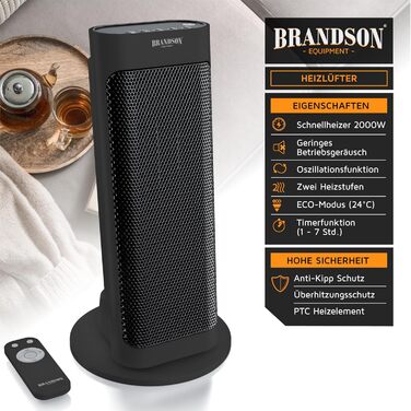 Електричний обігрівач Brandson: тихий, енергоефективний, з керамічним нагрівачем та пультом керування. Оснащений термостатом, захистом від перегріву та функцією осциляції. Підходить для ванної, спальні та вітальні. Колір: чорний