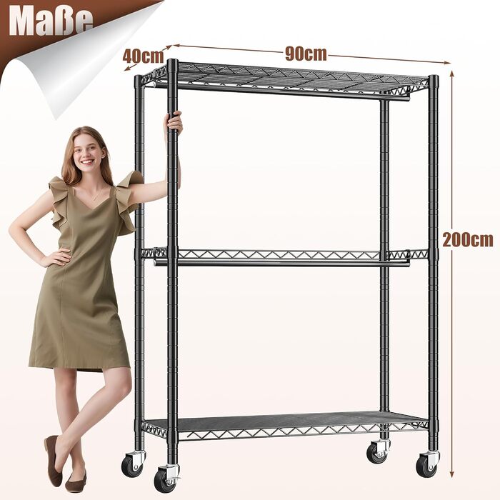 Вішалка для одягу на коліщатках 90x40x200 см, вантажопідйомність 150 кг, 2 висувні штанги, регульована полиця, великий об'єм для зберігання одягу, стабільна та мобільна