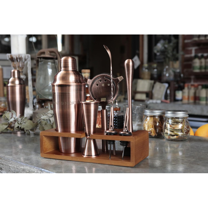Набір для коктейлів Mint&Mortar 7 предметів з бамбуковим підставкою, з нержавіючої сталі, міксологія, барменський набір з барними інструментами для дому та професійного використання, ідеальний для Мартіні/Маргарити, 680 мл, міксер (Чорний) (Шліфоване мідь