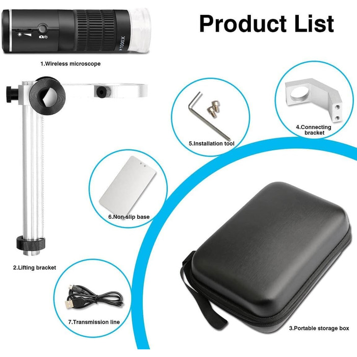 Цифровий мікроскоп Jiusion WiFi USB з HD роздільною здатністю, 50-1000x, бездротова підсвітка, ендоскоп, 8 LED, мінікамера зі штативом, сумка, сумісний з iOS, Android, Windows, Mac