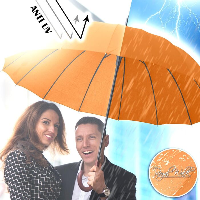 Royal Walk Automatic Travel Golf Umbrella - 54 Inch (140cm) - Windproof, Water-Resistant, 16-Rib, Large Size for 2 People, Wooden Handle, Unisex