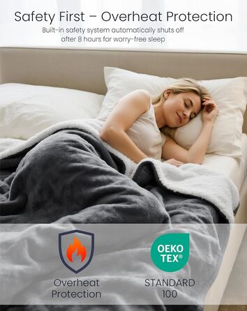 Електрична ковдра AnySun з підігрівом 180x130 см з автовимкненням, 6 режимів нагріву, таймер 10 годин, захист від перегріву, для ліжка, дивану, машинне прання, сіра
