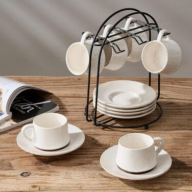 Набір керамічних чашок та підставок для кави з металевим стійкою (6 шт., 130 мл) - Cappuccino, Espresso, Latte, Americano, Чорний колір