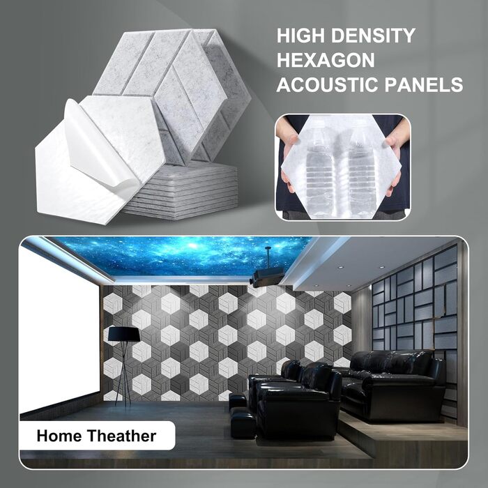 Акустичні гексагонні панелі самоклеючі, звукопоглинаючий пінопласт для стін у студію, офіс та ігрову кімнату, сірі (30x26x0.9 см), 12 шт.