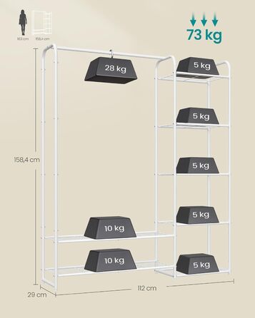 SONGMICS Взуттєва шафа, відкритий гардероб, вішалка для одягу, металева шафа для взуття з полицями, самостійна, 29 x 112 x 158,4 см, матовий білий LGR462W01 112B cm Mattweiß