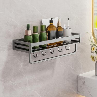 Самоклеюча поличка для душу, органайзер для ванної кімнати без свердління, 40 см, сірий (з гачками)