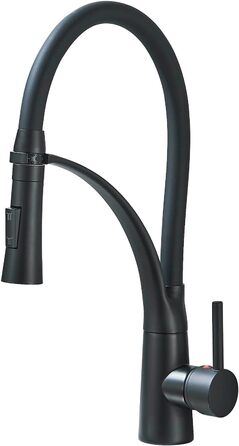 Кухонний змішувач з двома виливами, поворотний 360°, з висувною лійкою, з спіральною пружиною, для мийки, чорний, з матовою обробкою
