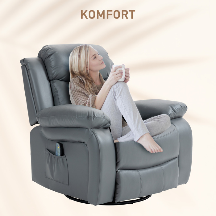 HOMCOM electric TV recliner chair with massage function, 360° swivel, featuring 8 vibration motors, rocking function, faux leather, 93L x 90W x 101H cm, Grey | Aosom