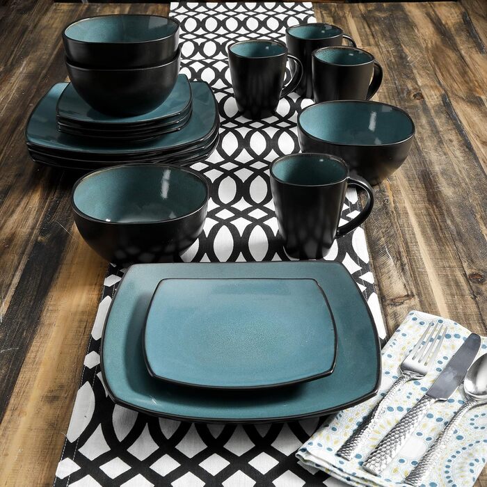 Набір посуду Gibson Elite Soho Lounge для 4 осіб (16 предметів), реактивна глазур, блакитно-зелений/чорний