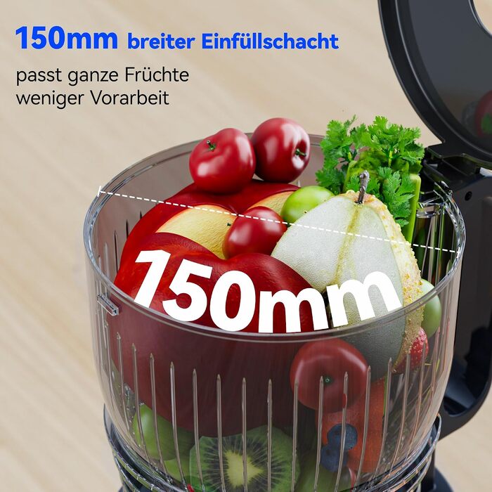 Шнекова соковижималка B Megajuicy 150mm XL для овочів та фруктів, холодний віджим, 300Вт, з функцією реверсу та двома контейнерами (550мл, 450мл), без BPA