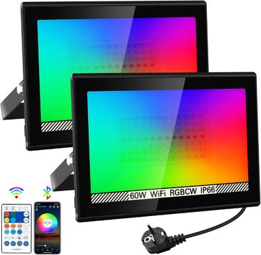 LED Floodlights Outdoor, 100W Smart RGB Floodlights with Remote Control and Bluetooth App, LED Floodlight Spotlights Color Changing Projector, IP66 Waterproof Floodlight for Gardens, Courtyards (2 Pack) (60w-rgb-app-2p)