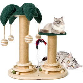 Інтерактивне котяче іграшкове комбо 6-в-1: дерев'яні меблі, кульки, пір'я, м'яч-трекер, когтеточка з сизалю та джуту для котів середніх та маленьких порід (білий, зелений)