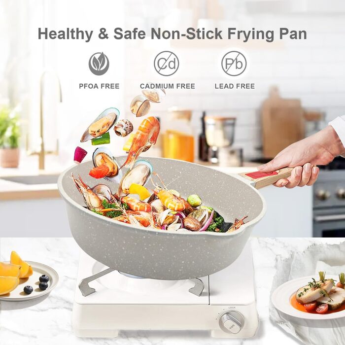 Набір посуду AIKENBBKK 10 предметів: сковороди з кришкою 20, 24, 28 см, каструля з ручкою 18 см + пароварка, каструля 4.7 л, антипригарне покриття, знімний ручка (білий)